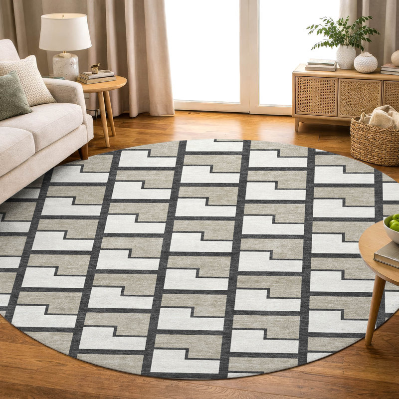 Premium Machine Washable Mayfield AMF2416 Geometric Rug, Ivory, 8' Round