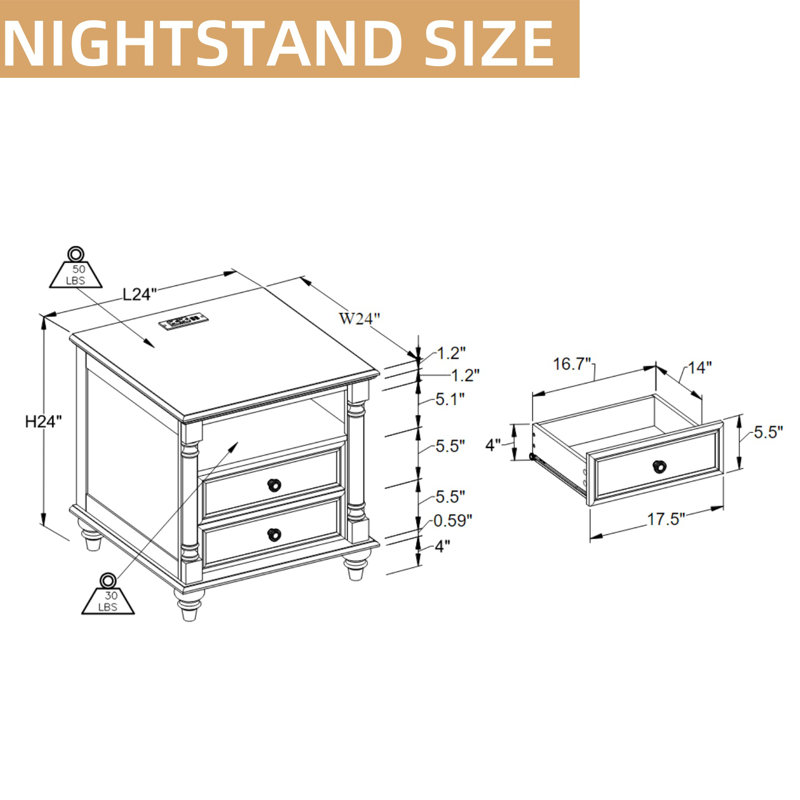 Rushville Farmhouse 2 - Drawers Nightstand with Charging Station, Tall Rustic Wood Square End Table with Open Shelf