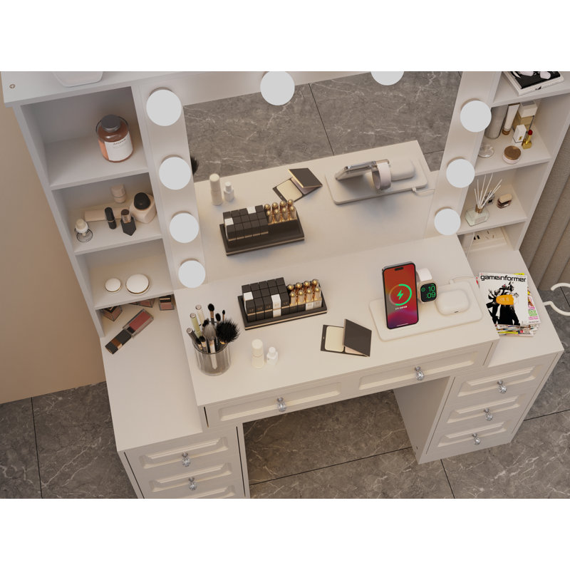 Meuble-lavabo avec miroir et lumières, coiffeuse avec miroir éclairé et station de charge, 
Commode de meuble-lavabo