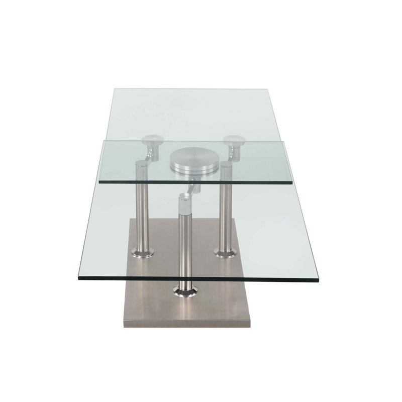 Daivelis Extendable Clear Glass Coffee Table with Brushed Steel Base