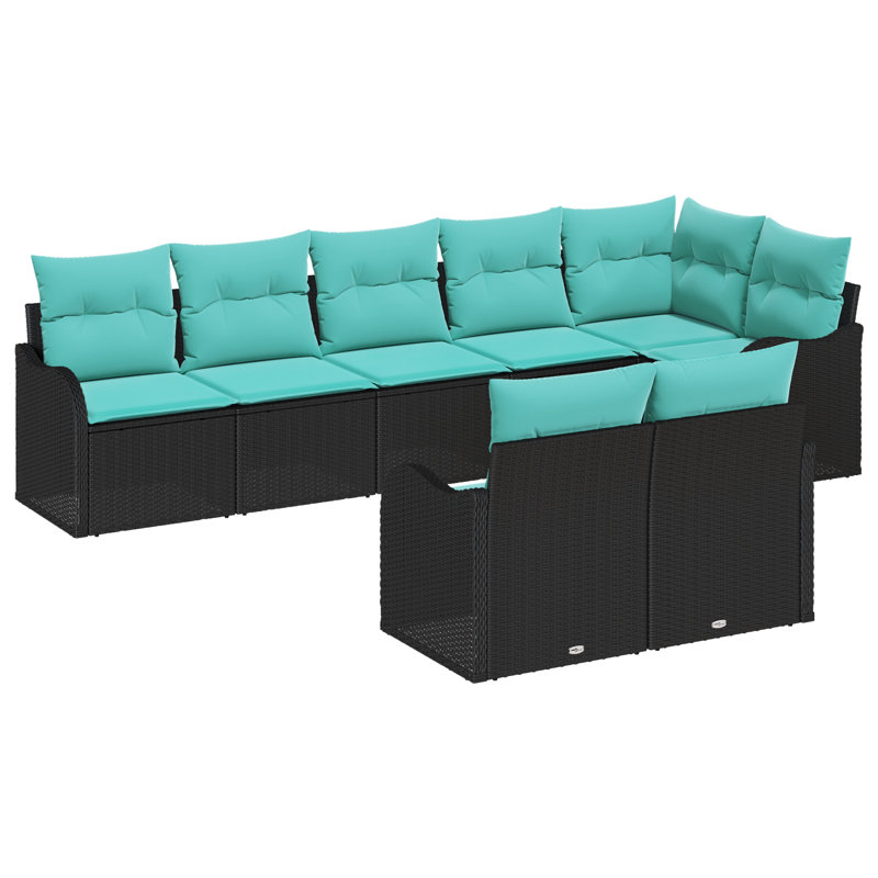 vidaXL Garden Sofa Set Black Poly Rattan, Black Frame/Blue Cushion