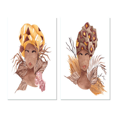 Femme afro-américaine, fleurs séchées, feuilles III - ensemble d'art glamour de 2 pièces