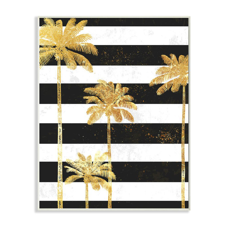 «Golden Palm Trees Bold Black White Stripes» par Ziwei Li - impression d'art graphique, Plaque murale