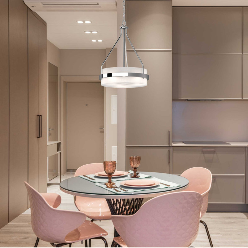 Mini-lustre suspendu en chrome 3 lumières avec abat-jour tambour en verre givré Emery