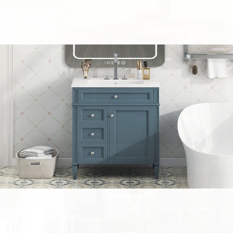 Meuble-lavabo moderne avec tiroirs supérieurs, Bleu gris, Argent argent