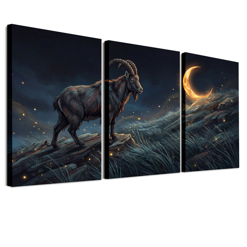 "Horned Goat On Rocky Outcrop Under Golden Crescent", ensemble de 3 toiles murales, H 36 po x l 24 po x 3 pièces