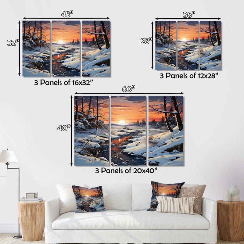 Paysage d'hiver rivière sur toile, 3 pièces, H 28 po x l 36 po x P 1 po, Métal métal