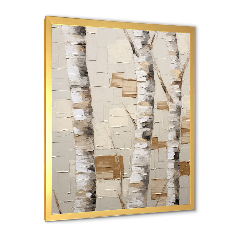 «Beige minimalisme arbre bouleau I» sur toile, Cadre doré simple, H 32 po x l 16 po x P 1 po