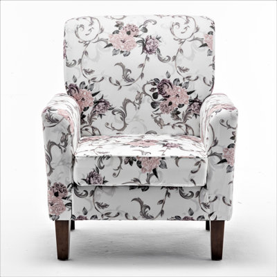 Patterned Polyester Blend Armchair, Solid Birch Wood Frame with Brown Tapered Legs, Foam Padded Accent Chair with Trim Detail for Living Room Office