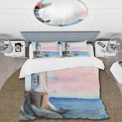 A Lighthouse On A Rock Shore In Early Morning - Nautical Duvet Cover Set - Microfiber Polyester