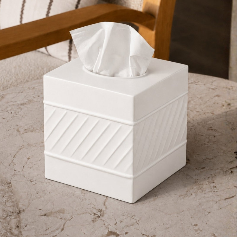 Wave Embossed Metal Tissue Box Cover, White