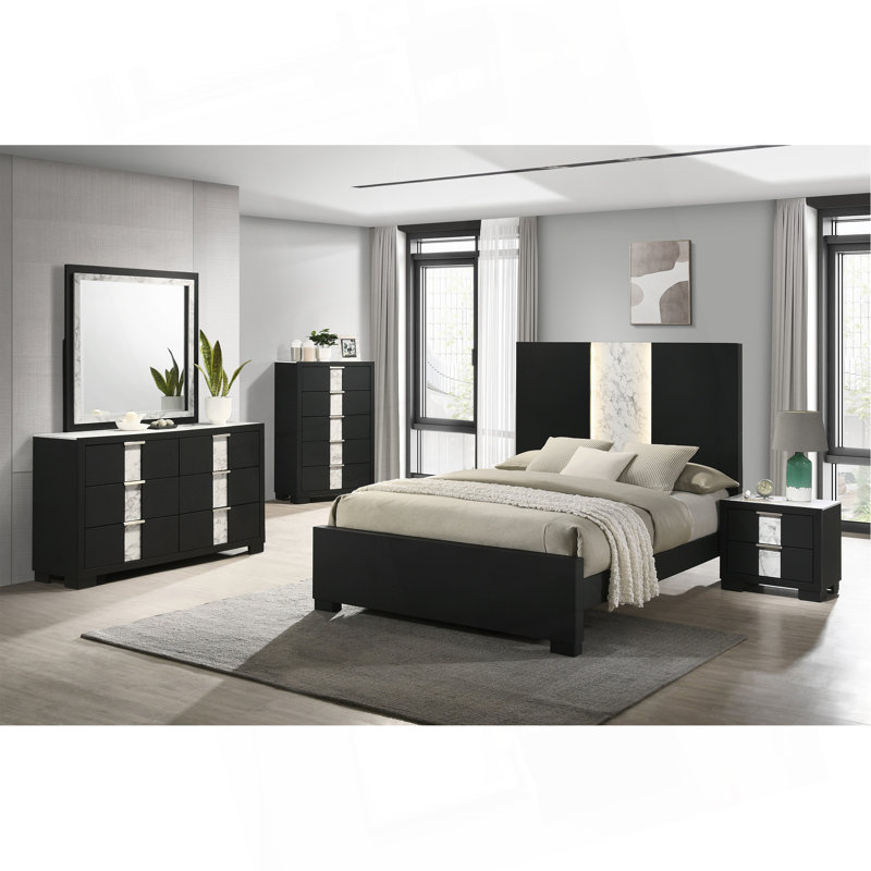 Mobilier de chambre à coucher contemporain 1pc, Grand lit, Noir / blanc