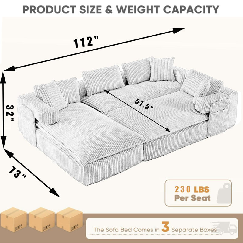 Canapé modulaire surdimensionné en U de 149 po de 149 po, siège profond, sans assemblage, 6 sièges, velours côtelé, Orange