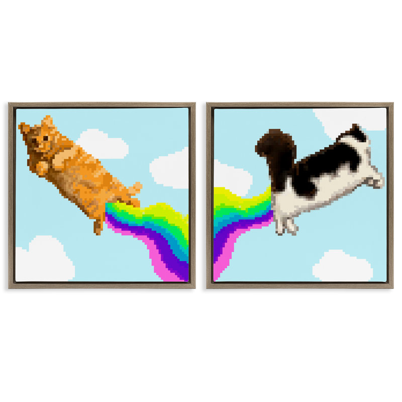  Pixel Cats with Rainbows, ensemble de 2 toiles flottantes encadrées par June Erica Vess, H 25 po x l 25 po