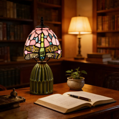 Lampe de table champignon en vitrail faite à la main avec base en céramique - veilleuse libellule rose pour éclairage de chambre, de bureau ou de chambre de bébé