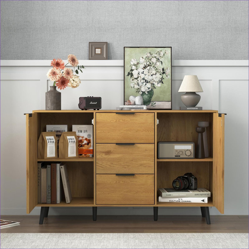 Armoires | Armoire de rangement 47,2 po en bois naturel avec 3 tiroirs et 2 portes | Traditionnel | Salle à manger, Naturel
