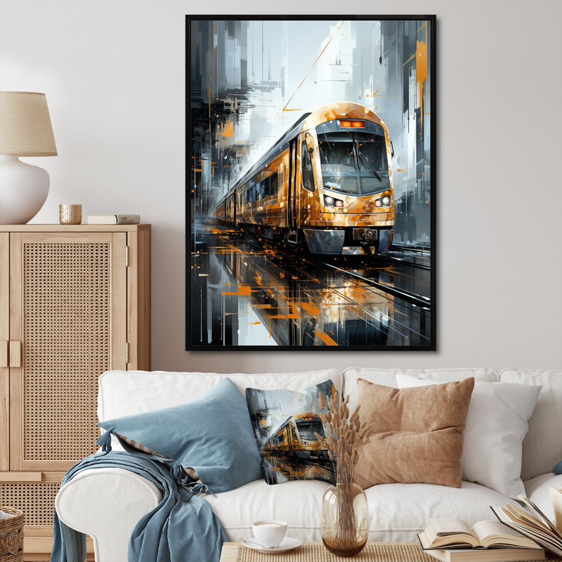 Golden Train géométrique Momentum II - impression, H 32 po x l 24 po x P 1 po, Cadre flottant noir