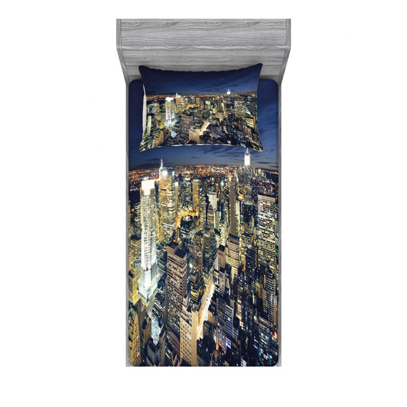 Ensemble de draps Cityscape After Sunset Manhattan New York, Ensemble de draps pour lit simple avec drap-housse