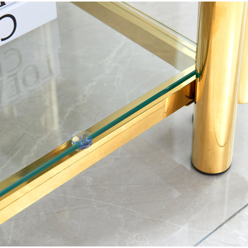 Table de bout carrée, table de bout moderne en acier inoxydable, table basse en verre trempé transparent double couche, table d'appoint avec rangement, pour le bureau à domicile