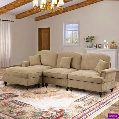 Wauseon 107.1"W Chenille 3 seater sofa with One Ottoman and Removable Ruffles Pleats Skirts and Spindle Legs