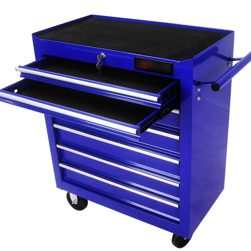 Chariot-atelier bleu à 7 tiroirs avec roulettes et serrure à clé, acier laminé à froid, thermolaqué, 4 po, glissière à roulement pour verrou de chargement de 15 kg, 2 freins,