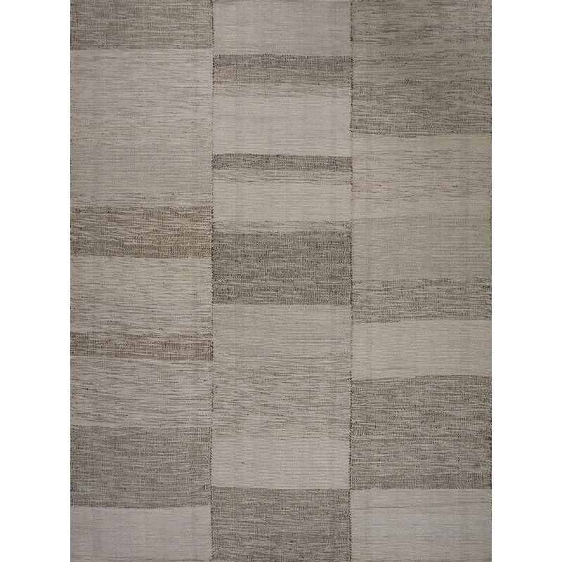 Tapis beige / gris en laine noué à la main de conception unique 9 pi x 12 pi