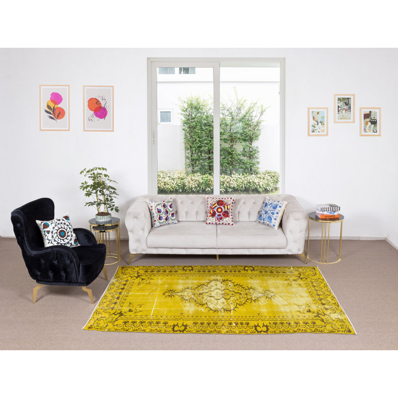 Tapis turc fabriqué à la main 5,2 x 8,3 pi surteint en jaune