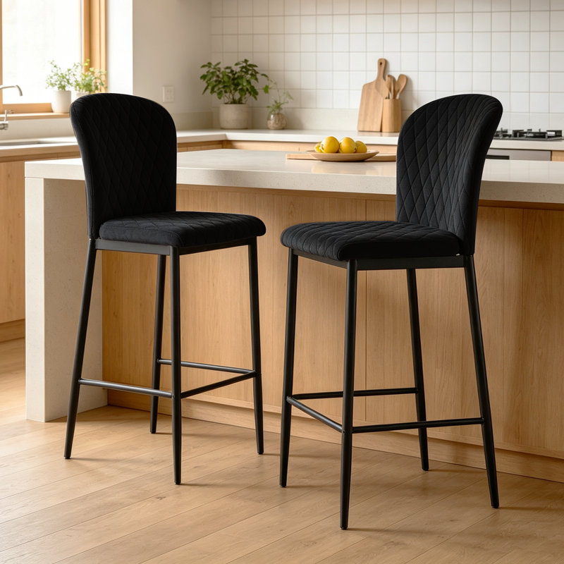 Modern Velvet/Suede Upholstered Bar Stools Diamond Quilted, Armless Counter Height Stools with Backrest, Sturdy Metal Legs with Footrest (Set of 2/4)
