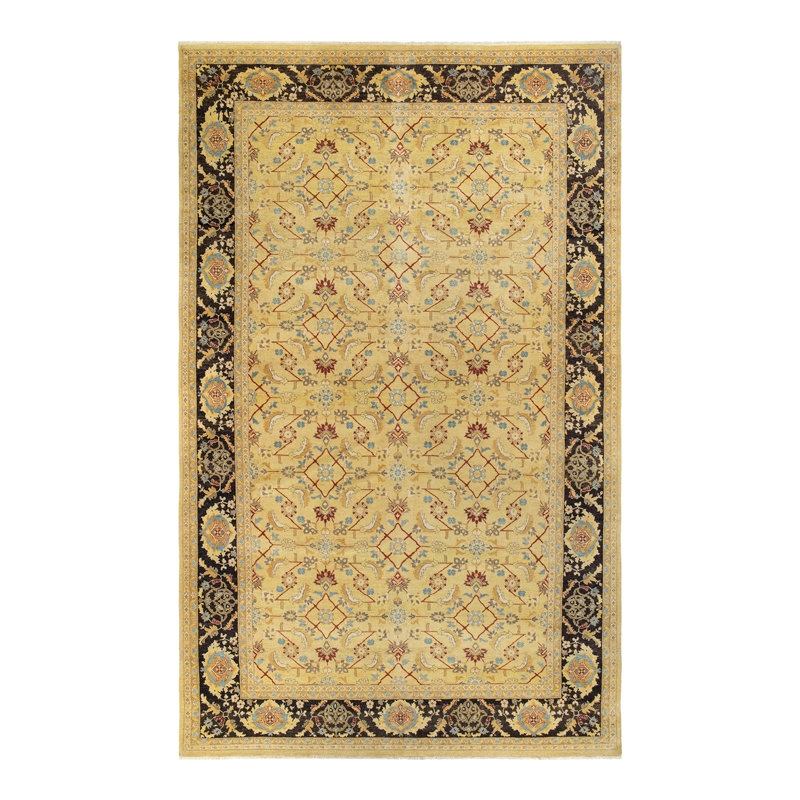 Tapis unique noué à la main à motif éclectique Janihya - jaune / noir, 10 pi 2 po x 15 pi 10 po