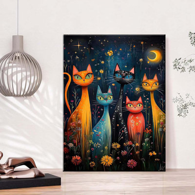 Chat fantaisiste, impression sur toile, chats colorés, nuit mystique, décoration murale, images d'art populaire, affiches pour chambre à coucher, dortoir, décoration de la maison, 12 x 16 po