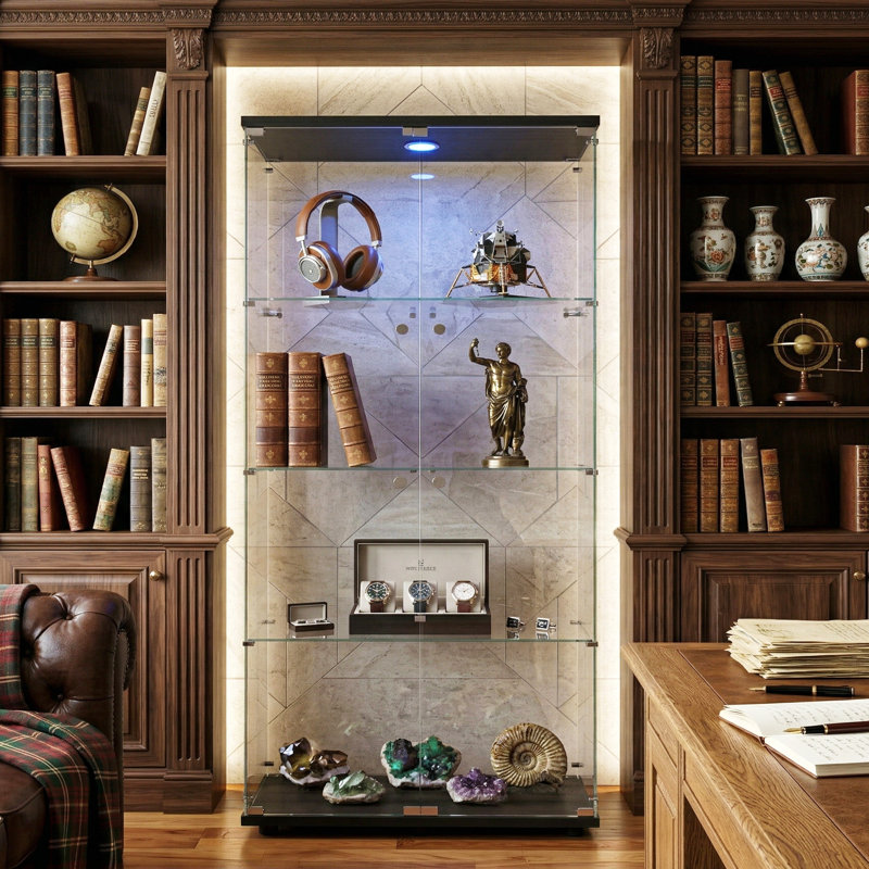 4-Tier Double Door Glass Display Cabinet,  Large Floor Standing Curio Cabinet with Toughened Glass, Optional LED Lighting, Black / White