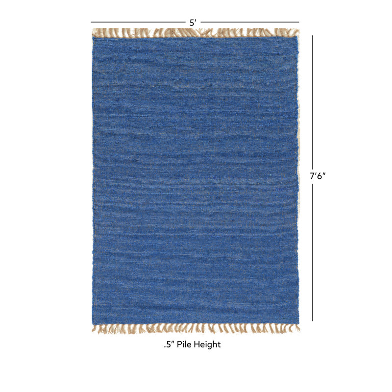 Brogan Berber Reversible Blue Wool Area Rug with Jute Core and Jute Fringe, Rectangle 7'10" x 10'4"