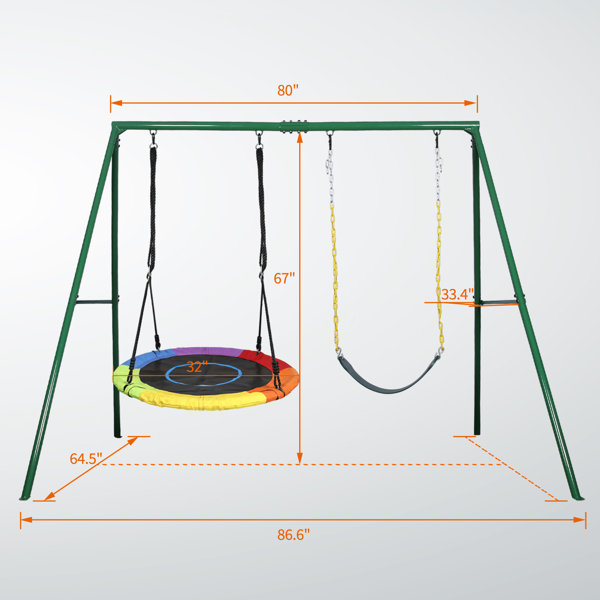 Klokick 440lbs 2 Seat Swing Set, 1 Saucer Swing Seat and 1 Belt Swing Seat with Heavy Duty A-Frame Metal Swing Stand, Green