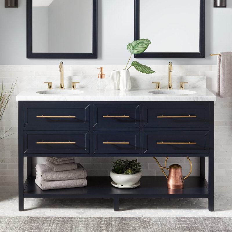 Ensemble de meuble-lavabo double 60 "avec lavabos ovales encastrés Robertson, Bleu marine de nuit, 8 po, Marbre de Carrare