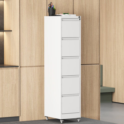 Classeur vertical robuste à 5 tiroirs sur roulettes, pour le rangement de documents de format A4 / lettre / légal, blanc