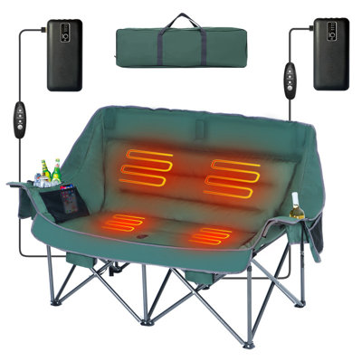 Heated Double Camping Chair, Oversized Loveseat with Padded Seat, Cooler Bag, and Heated Comfort for Adults by Arlmont & Co.