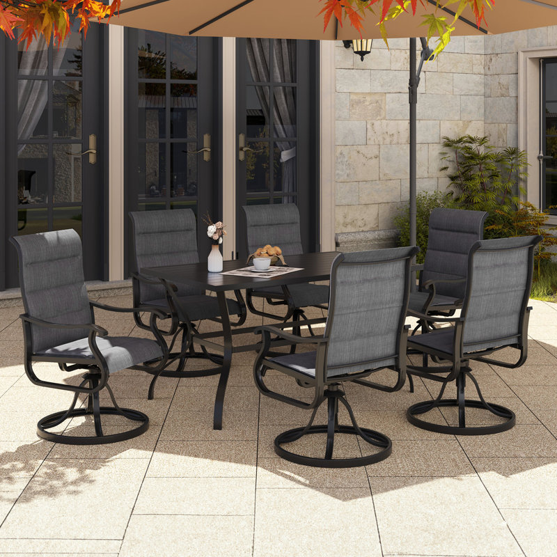 6 - Person Padded Swivel Rocking Outdoor Dining Set With Rectangular Metal Table, Gray