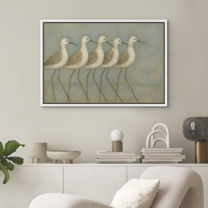 Shorebirds Coastal Wall Art - Minimalist Illustration of Wading Birds, Framed Beach-Themed Decor in Soft Tones for Seaside Spaces