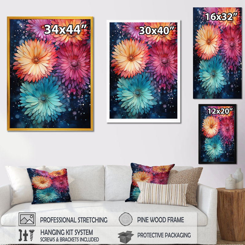 Feux d'artifice colorés 3 - Botanicals Wall Art, Cadre flottant noir, H 44 po x l 34 po x P 1,5 po