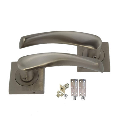 Golden Grace 1 Set Astrid Design Modern Lever Door Handles on Square Rose in Satin Stainless Steel Finish with Tubular Latch & Pair of Hinges