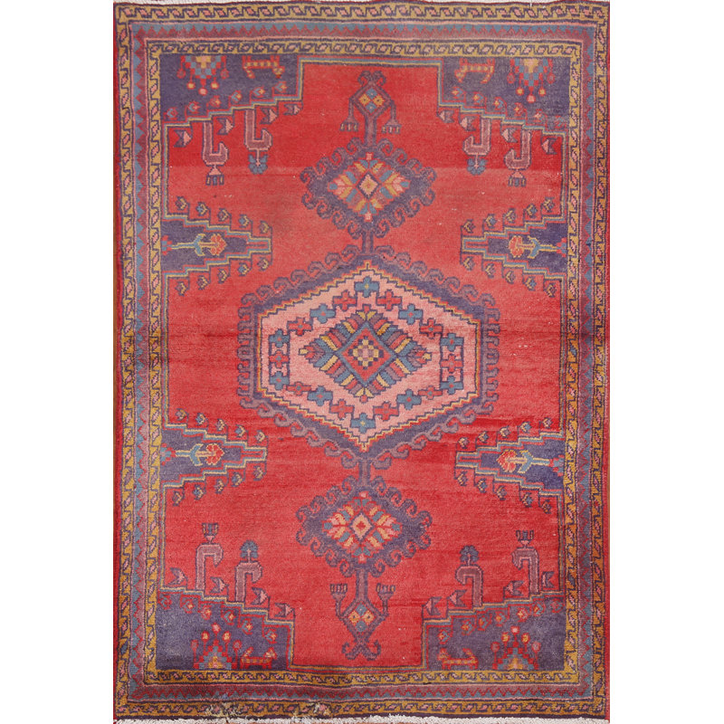 Tapis rouge à motif géométrique rouge Viss noué à la main 3 x 5