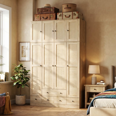 94.5"H × 59.1"W Wicker Wardrobe Armoire with Top Cabinets, 5 Drawers, 10 Shelves & 2 Hanging Rods
