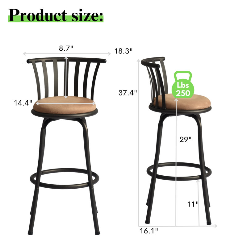 Tabouret de bar pivotant rembourré avec structure en métal Lanxton, Tabouret de comptoir (siège d’une hauteur de 24