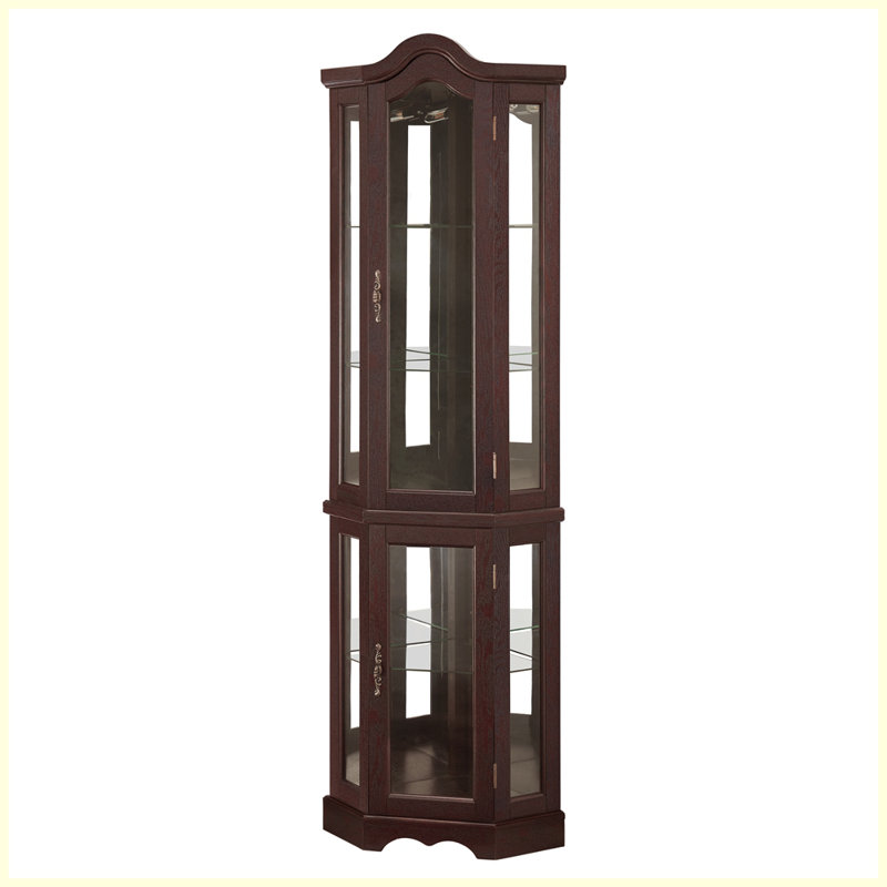 Vitrine de coin moderne lumineuse avec portes et tablettes en verre trempé, Cerise foncée