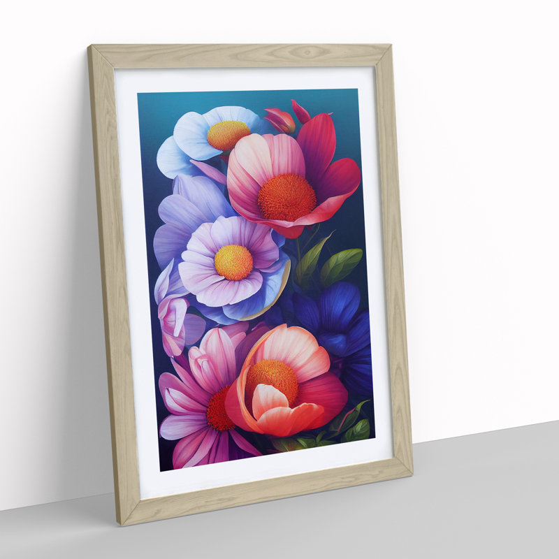 Colourful Flowers No.6 - Wall Art, 66cm H x 48cm W x 2cm D, Oak Framed, White