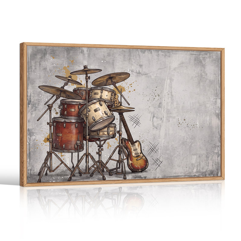 Batterie et guitare électrique Sunburst sur toile grise grunge, H 18 po x l 24 po