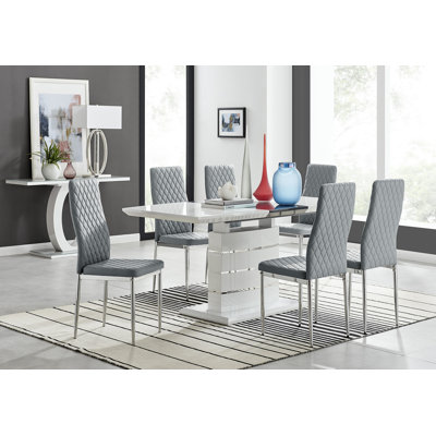 Renne Modern High Gloss Extendable Dining Table Set With 6 Quilted Faux Leather Dining Chairs