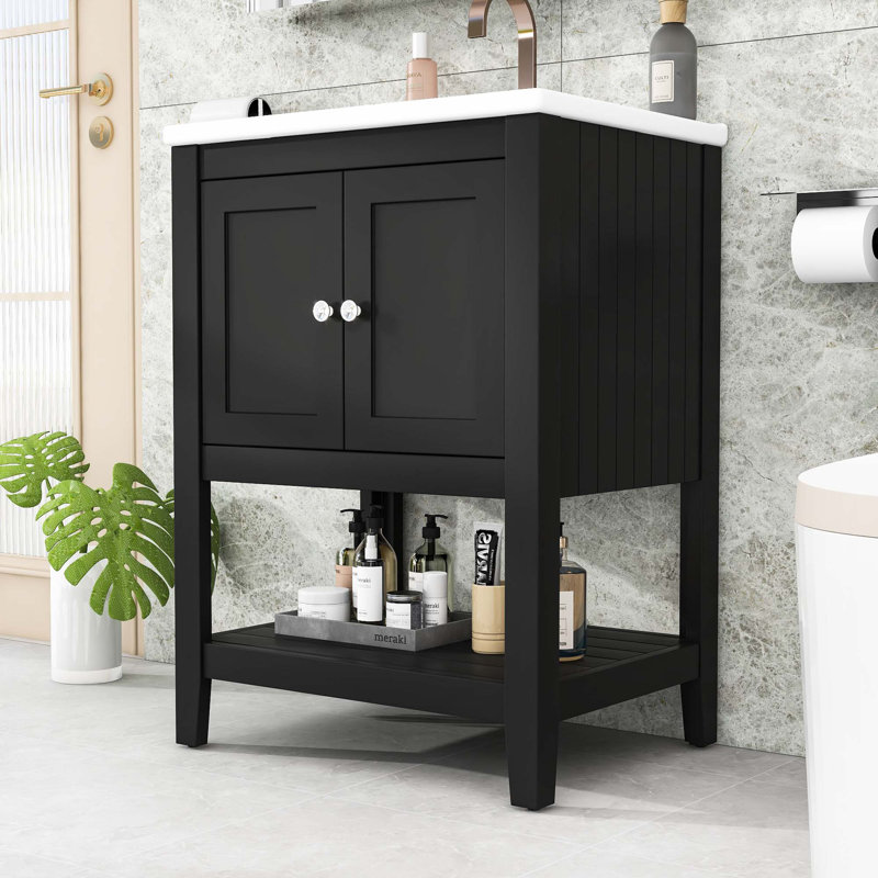 Meuble-lavabo simple élégant avec lavabo en céramique Semilune et rangement spacieux, Noir, Argent argent