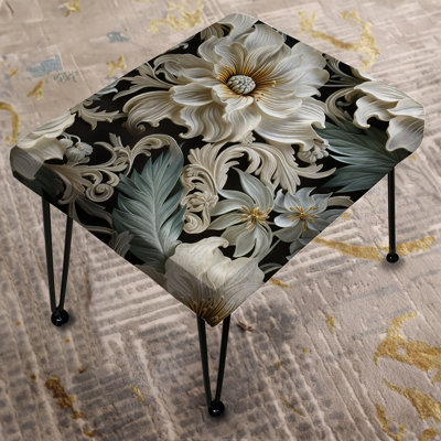 Exotic Grey And White Flowers Pattern I - Floral Rectangle Ottoman