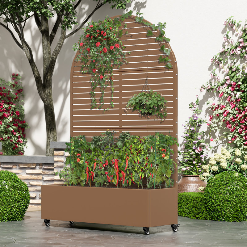 Lit de jardin en métal avec treillis et roues, H 72 po x l 47 po x P 16 po, Brun
